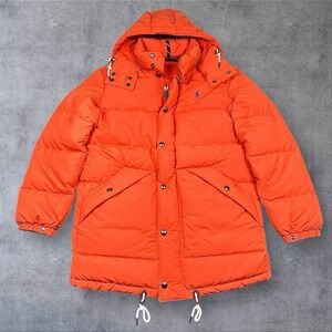 Polo Ralph Lauren Down Parka Coat Mens Small Orange Full Zip/Snap Removable Hood